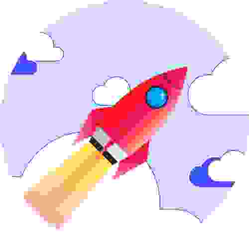 A red rocket flying into purple clouds