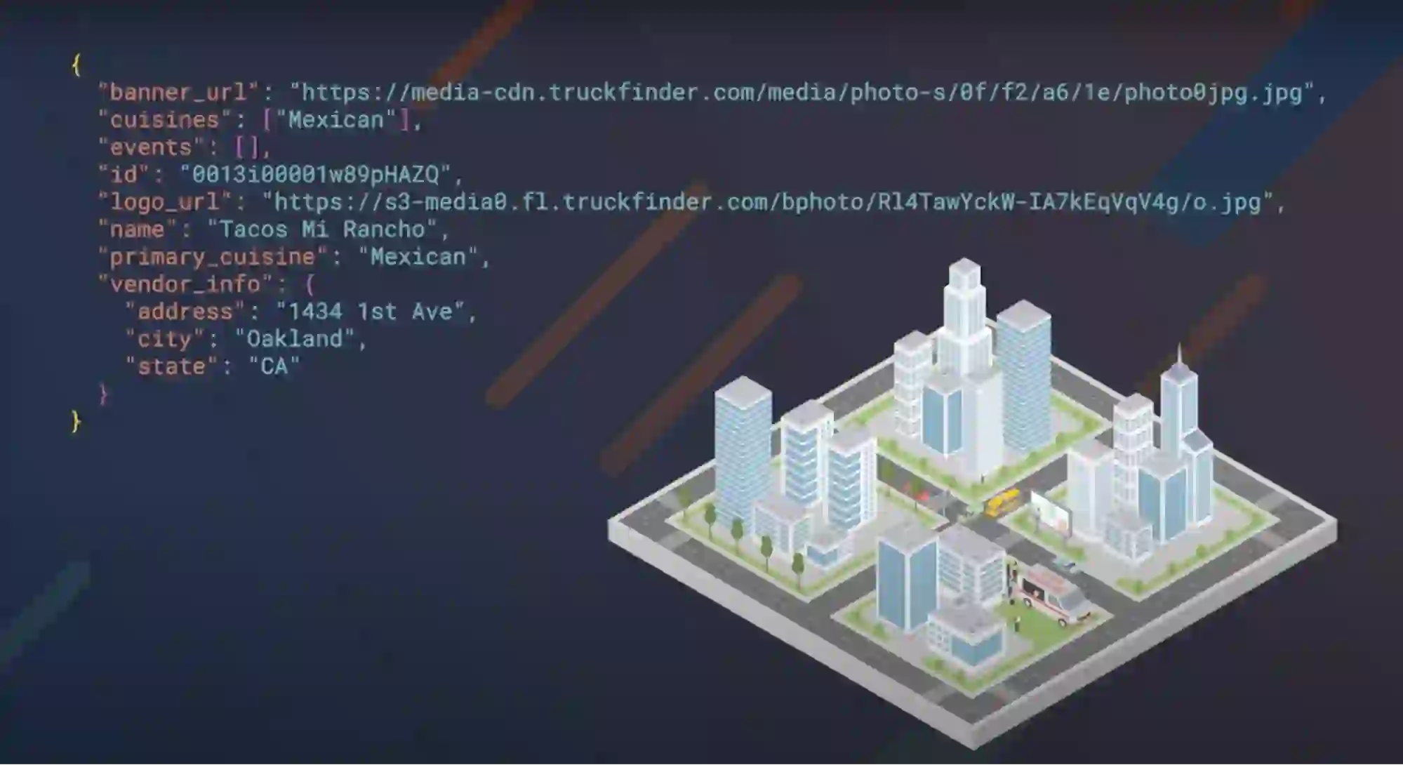 JSON code with a city graphic in foreground
