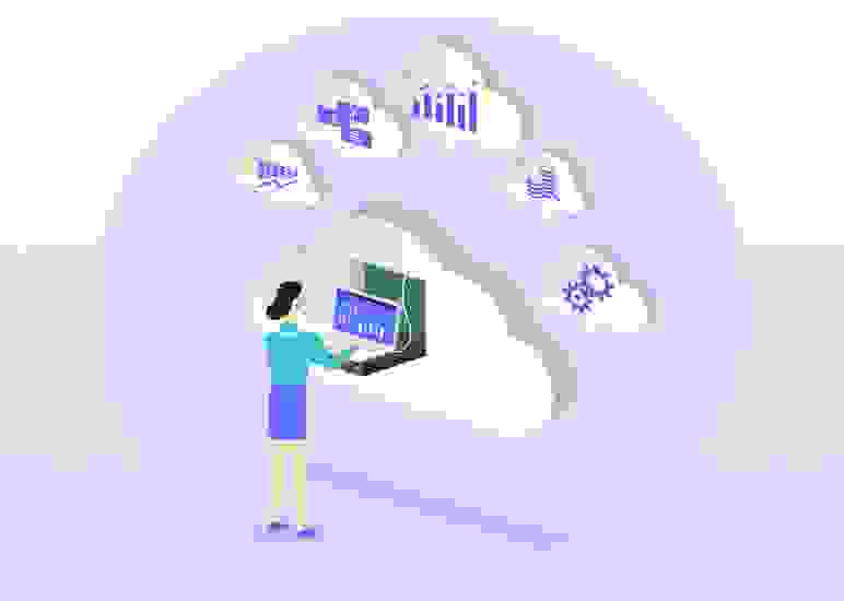 Woman interacting with cloud applications