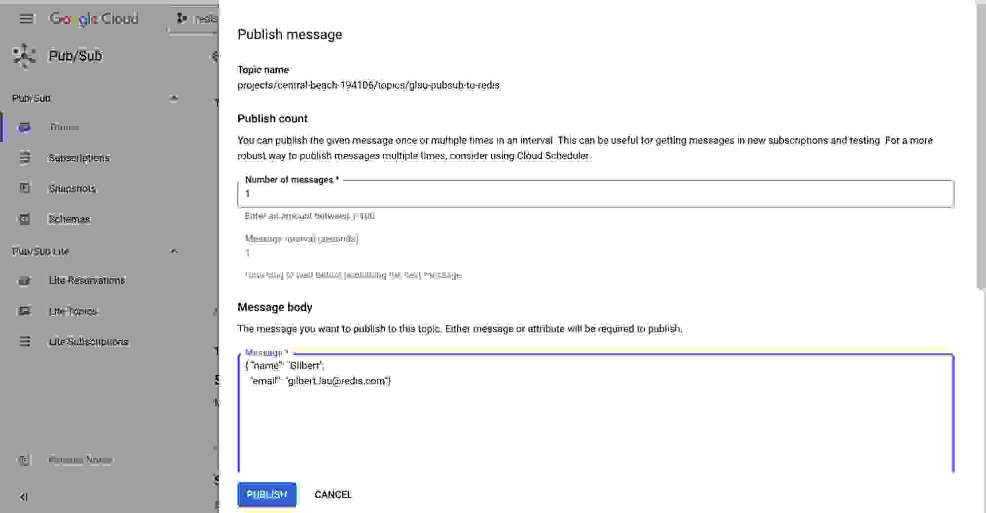 A Google cloud template for adding the cloud dataflow to redis enterprise: publish the message