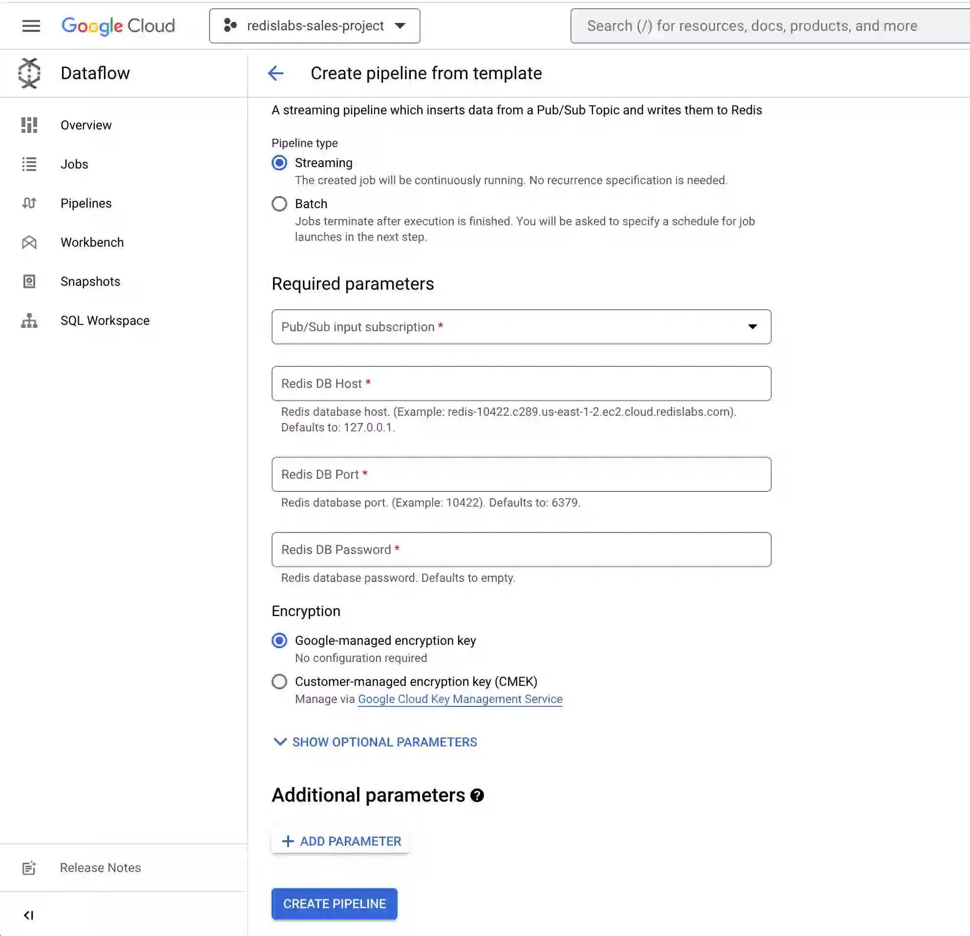 A Google cloud template for adding the cloud dataflow to redis enterprise: create the pipeline from the template