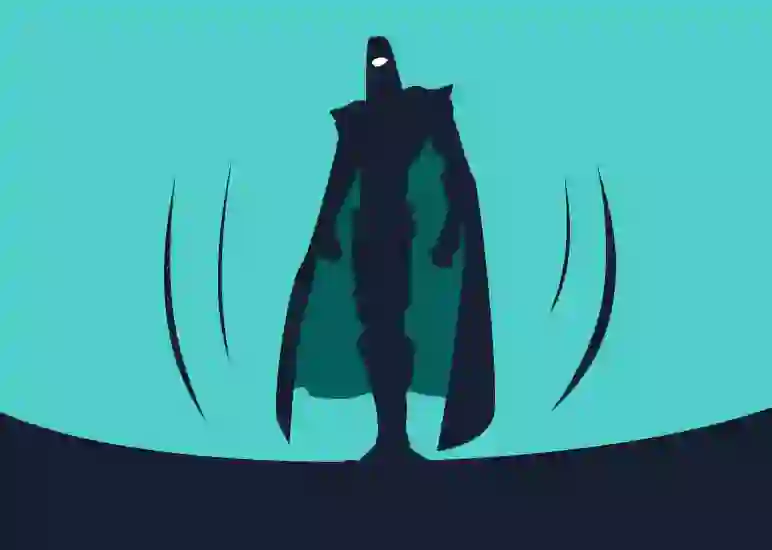 black superhero or supervillain silhouette with a teal background