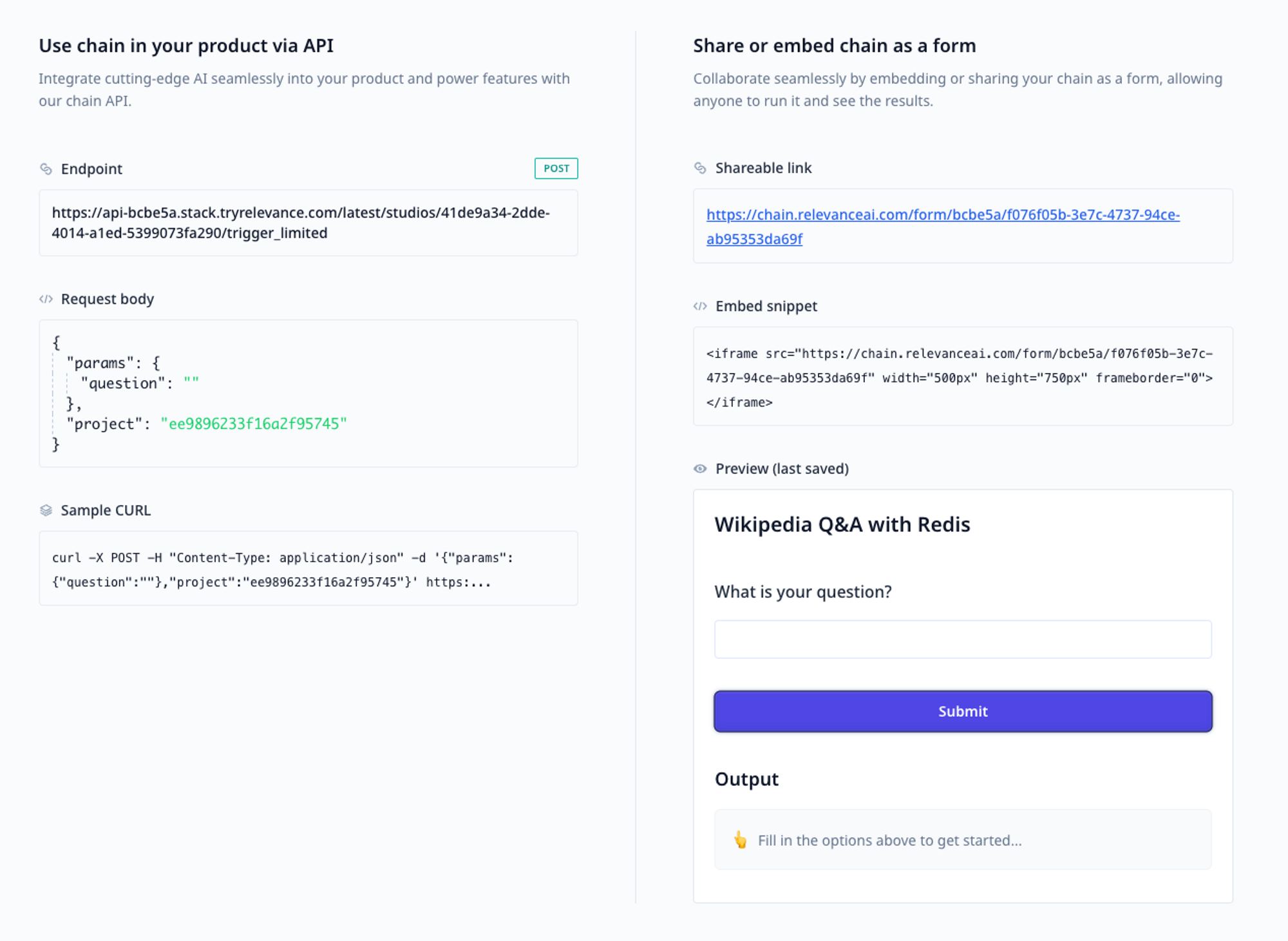 The deploy page for a chain with a production-ready API endpoint or shareable URL form